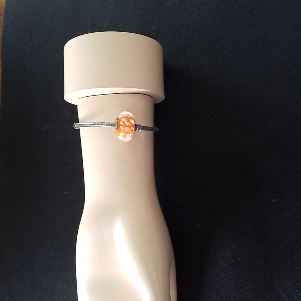 Pandora Sterling Silver Bracelet With Orange And White Glass Murano Charm